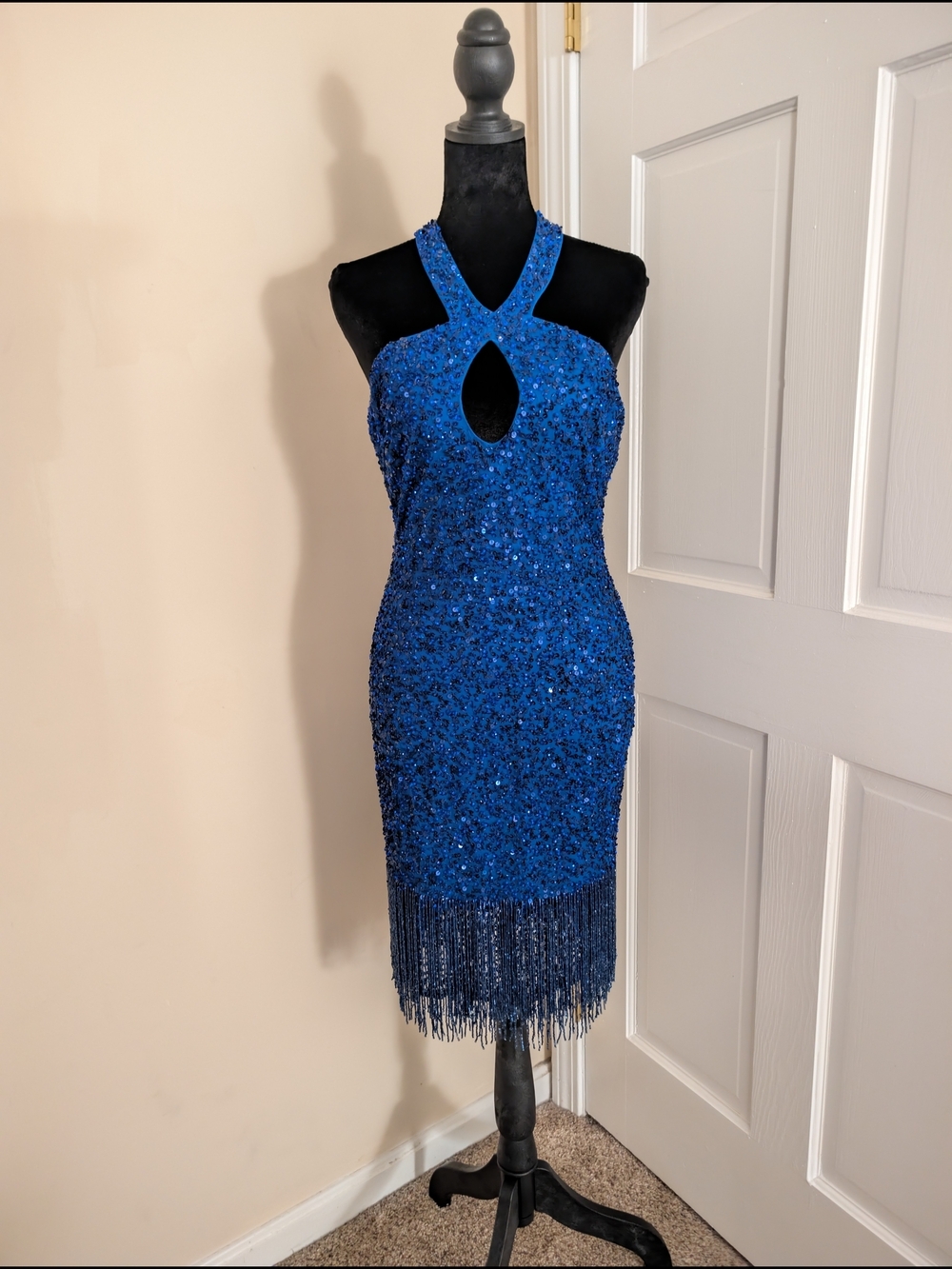 NWT Mac Duggal Cobalt Blue Sequin Beaded Fringe Halter Dress 4